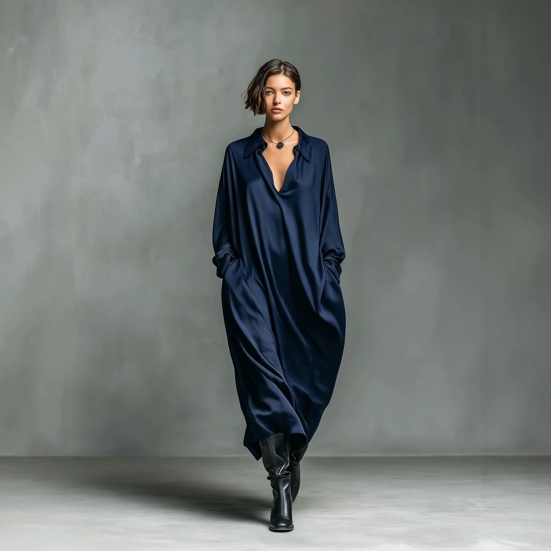 Robe-chemise Satin unie manches longues, coupe ample, tailles S à XXL - IVOIRART.COM