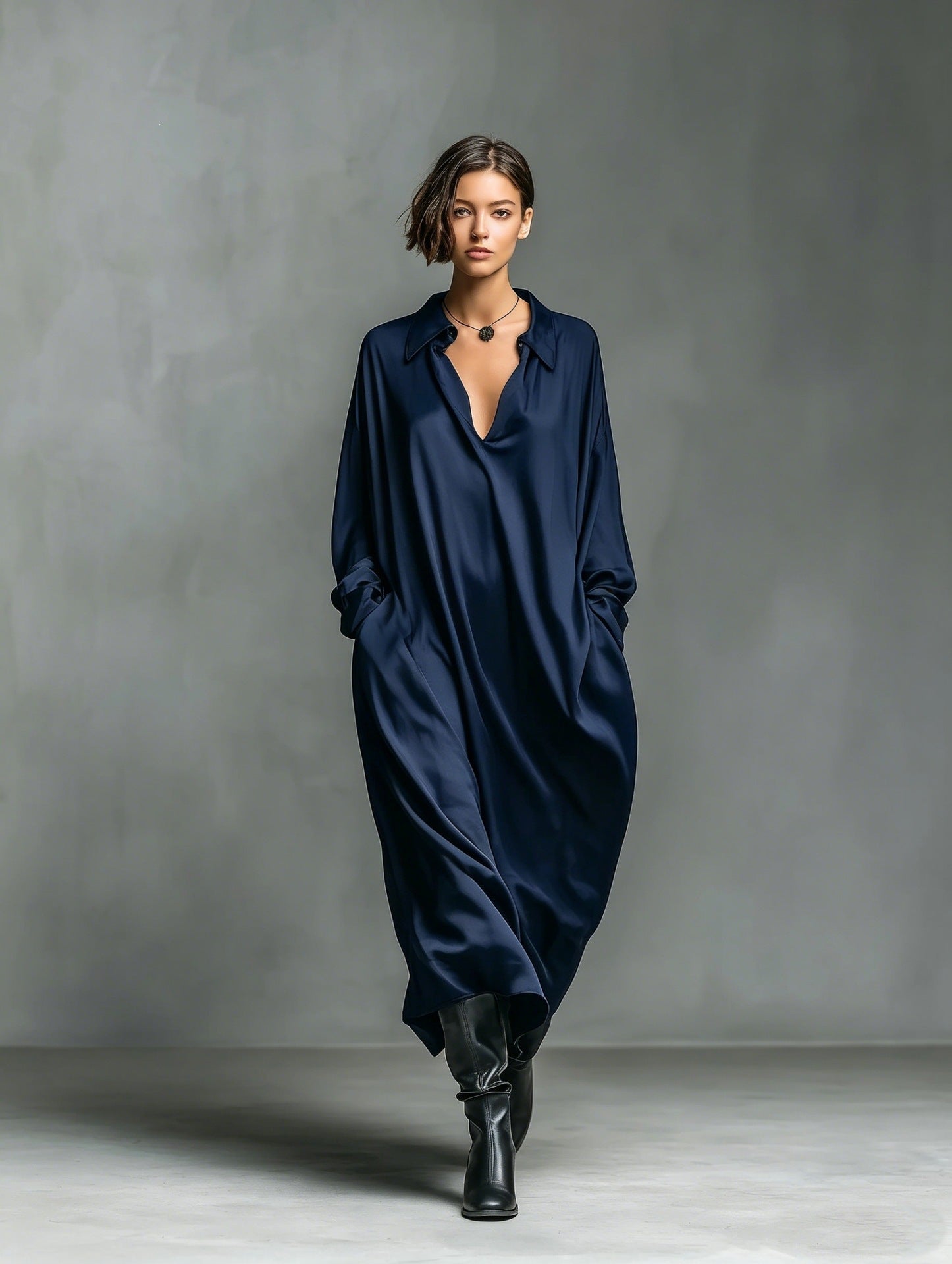 Robe-chemise Satin unie manches longues, coupe ample, tailles S à XXL - IVOIRART.COM