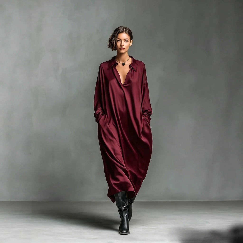 Robe-chemise Satin unie manches longues, coupe ample, tailles S à XXL - IVOIRART.COM