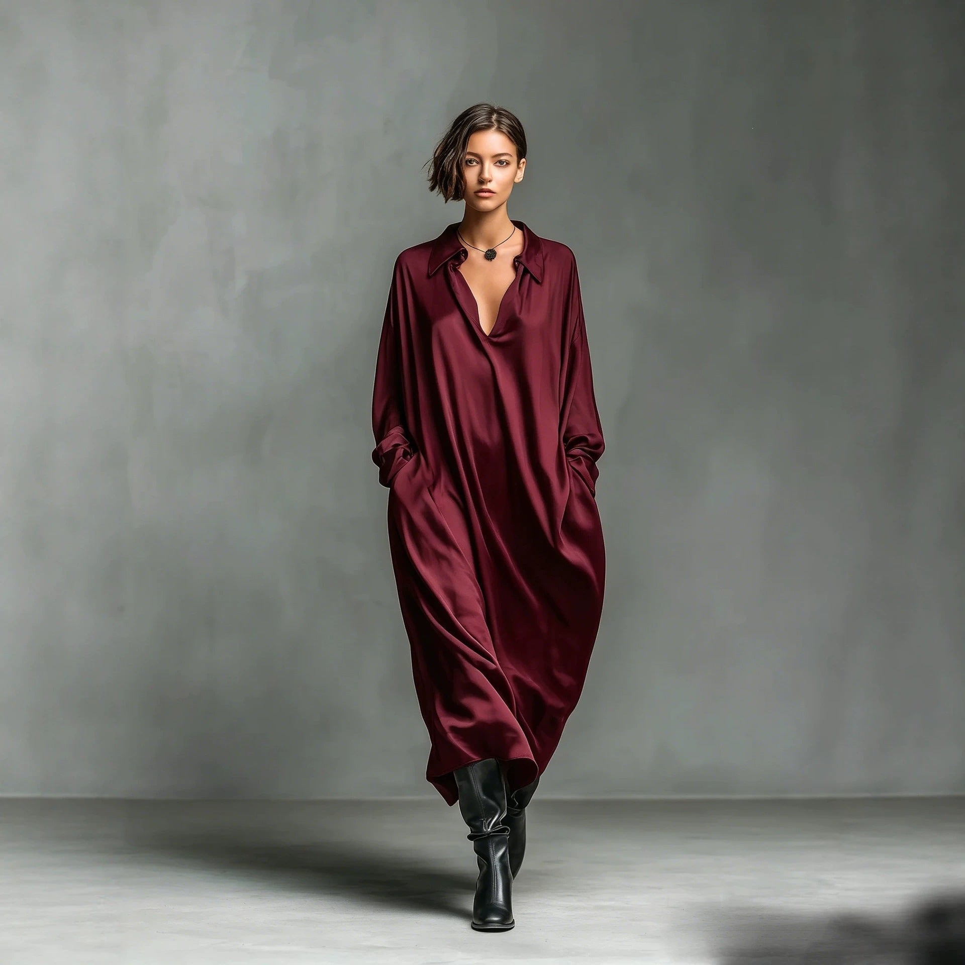 Robe-chemise Satin unie manches longues, coupe ample, tailles S à XXL - IVOIRART.COM