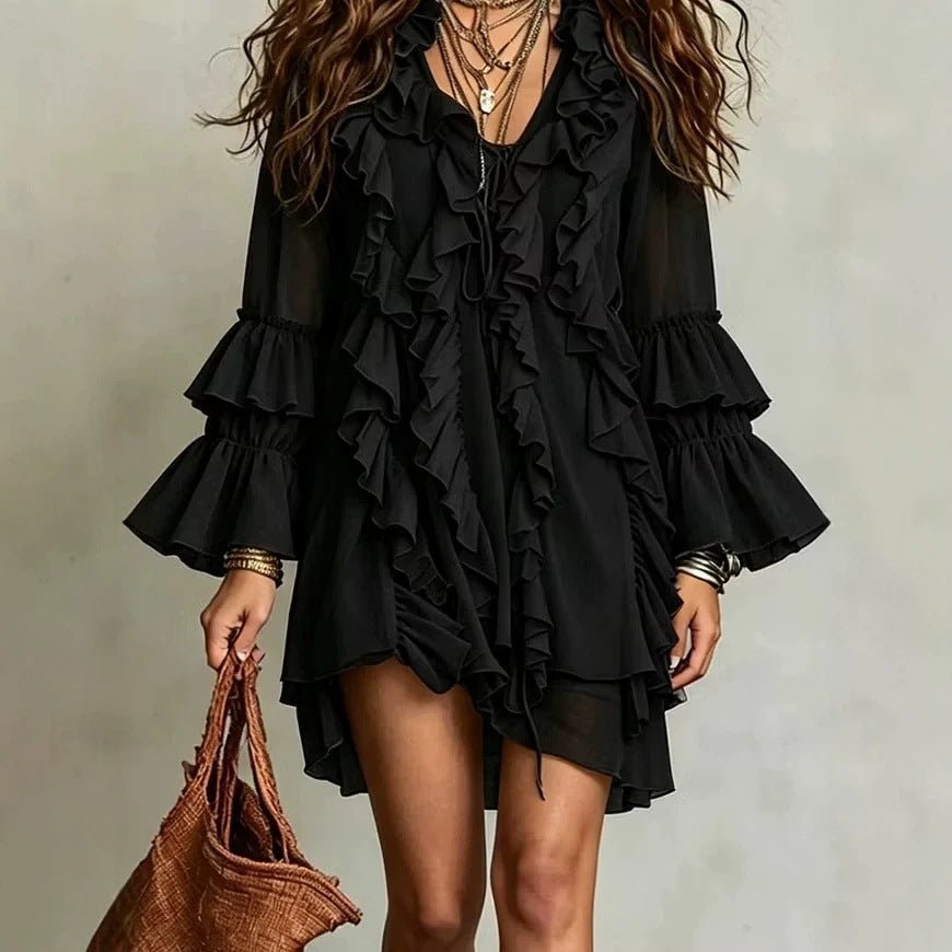 Robe chiffon col V à volants, taille mi-haute, coupe slim, longueur midi - noir M - IVOIRART.COM