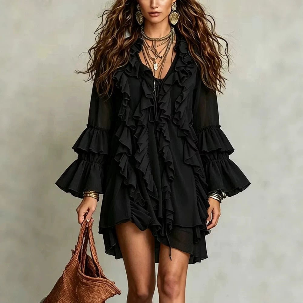 Robe chiffon col V à volants, taille mi-haute, coupe slim, longueur midi - noir M - IVOIRART.COM