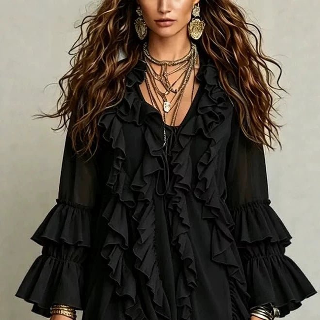 Robe chiffon col V à volants, taille mi-haute, coupe slim, longueur midi - noir M - IVOIRART.COM