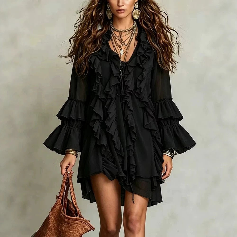 Robe chiffon col V à volants, taille mi-haute, coupe slim, longueur midi - noir M - IVOIRART.COM