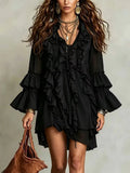 Robe chiffon col V à volants, taille mi-haute, coupe slim, longueur midi - noir M - IVOIRART.COM