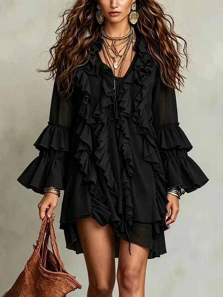 Robe chiffon col V à volants, taille mi-haute, coupe slim, longueur midi - noir M - IVOIRART.COM