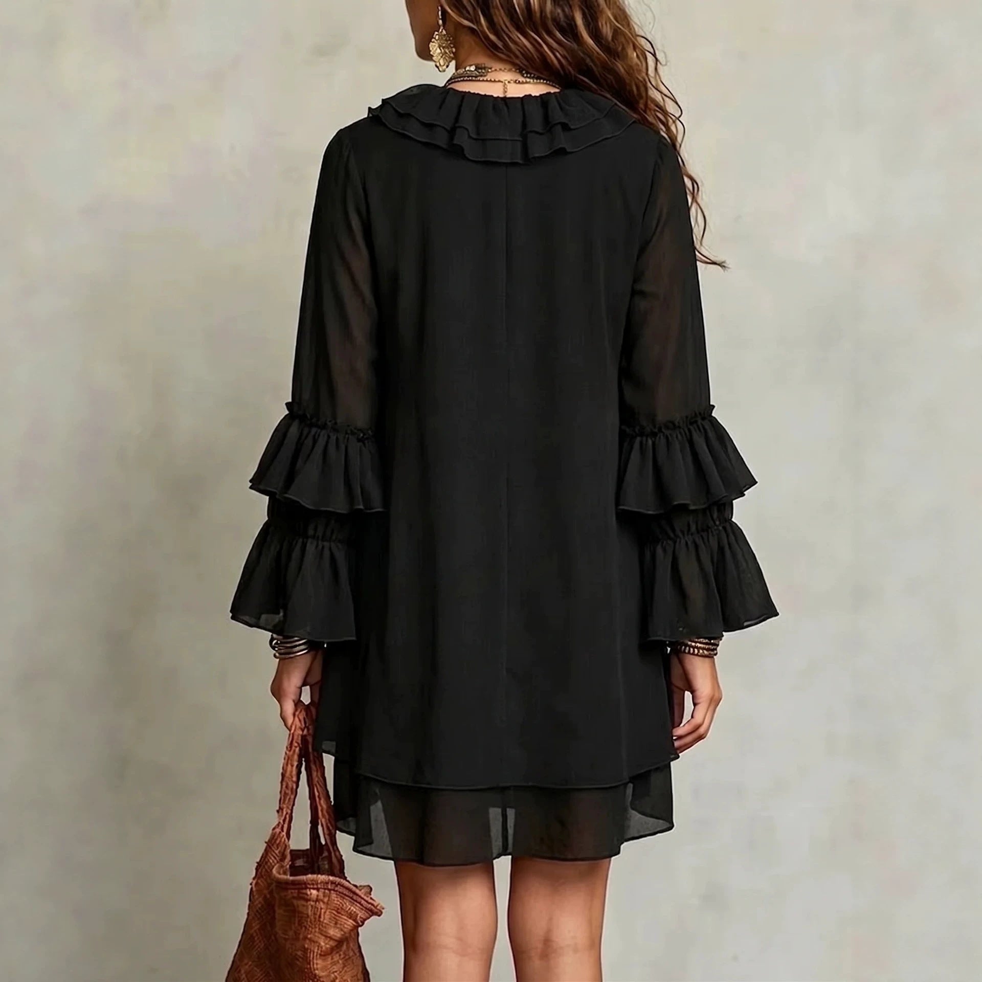 Robe chiffon col V à volants, taille mi-haute, coupe slim, longueur midi - noir M - IVOIRART.COM