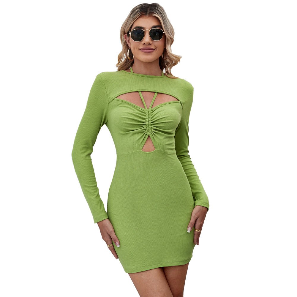 Robe courte à manches longues moulante Halter Hollow Bag — élégance sculptée chic - IVOIRART.COM