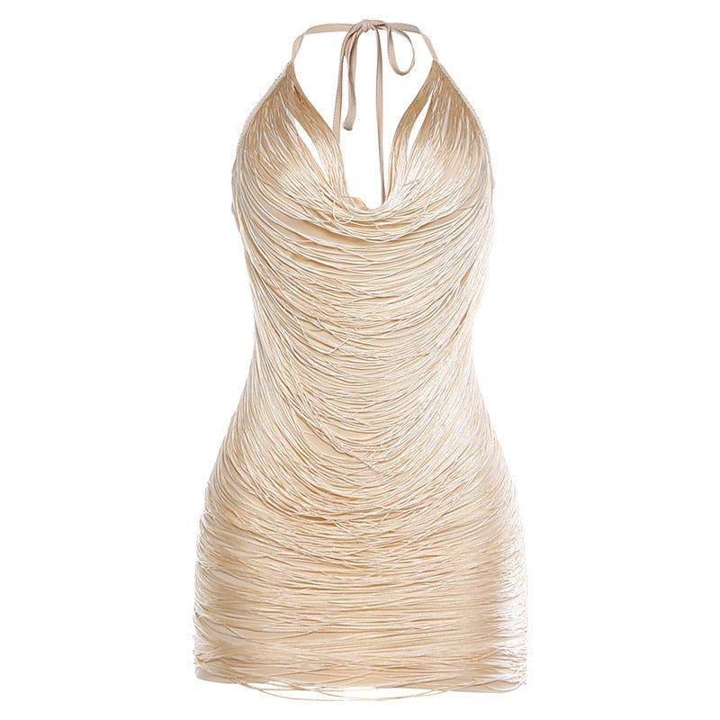 Robe courte moulante décolleté V lacets col halter à franges - Spicy Girl chic. - IVOIRART.COM