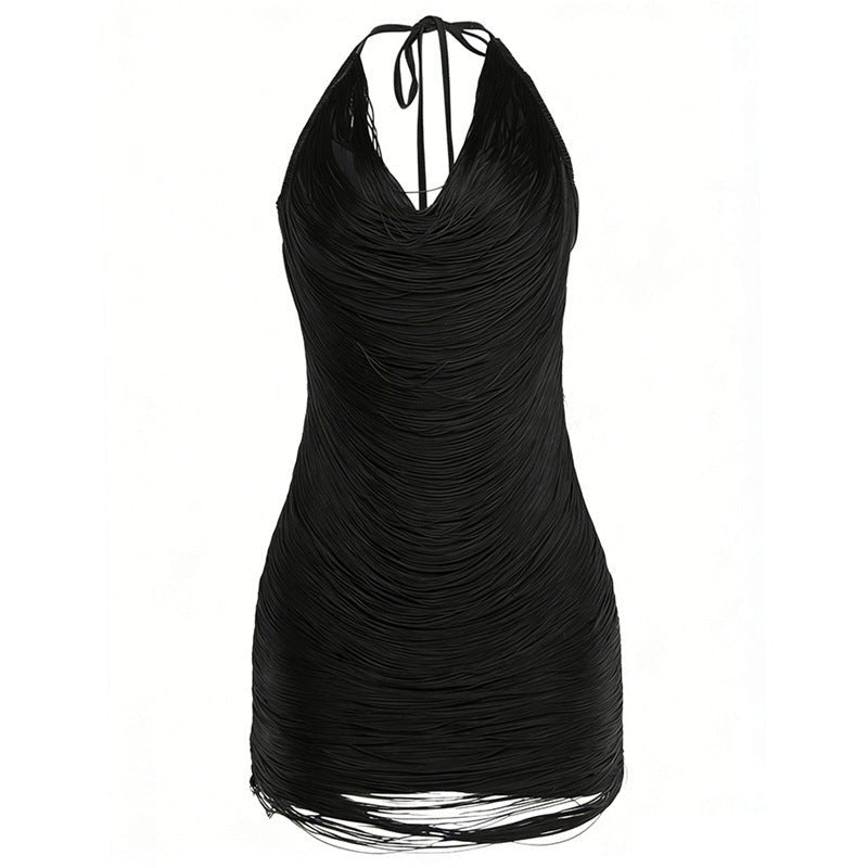 Robe courte moulante décolleté V lacets col halter à franges - Spicy Girl chic. - IVOIRART.COM