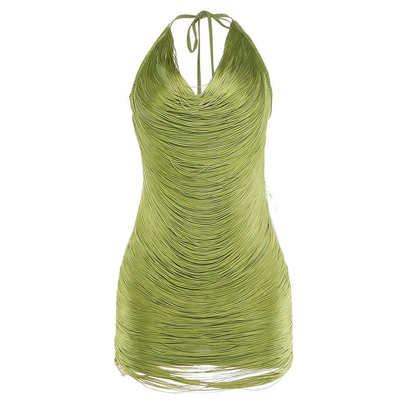 Robe courte moulante décolleté V lacets col halter à franges - Spicy Girl chic. - IVOIRART.COM