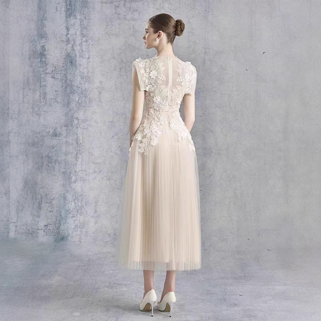 Robe crochet en dentelle taille cintrée style féerique mi-longueur, polyester - IVOIRART.COM