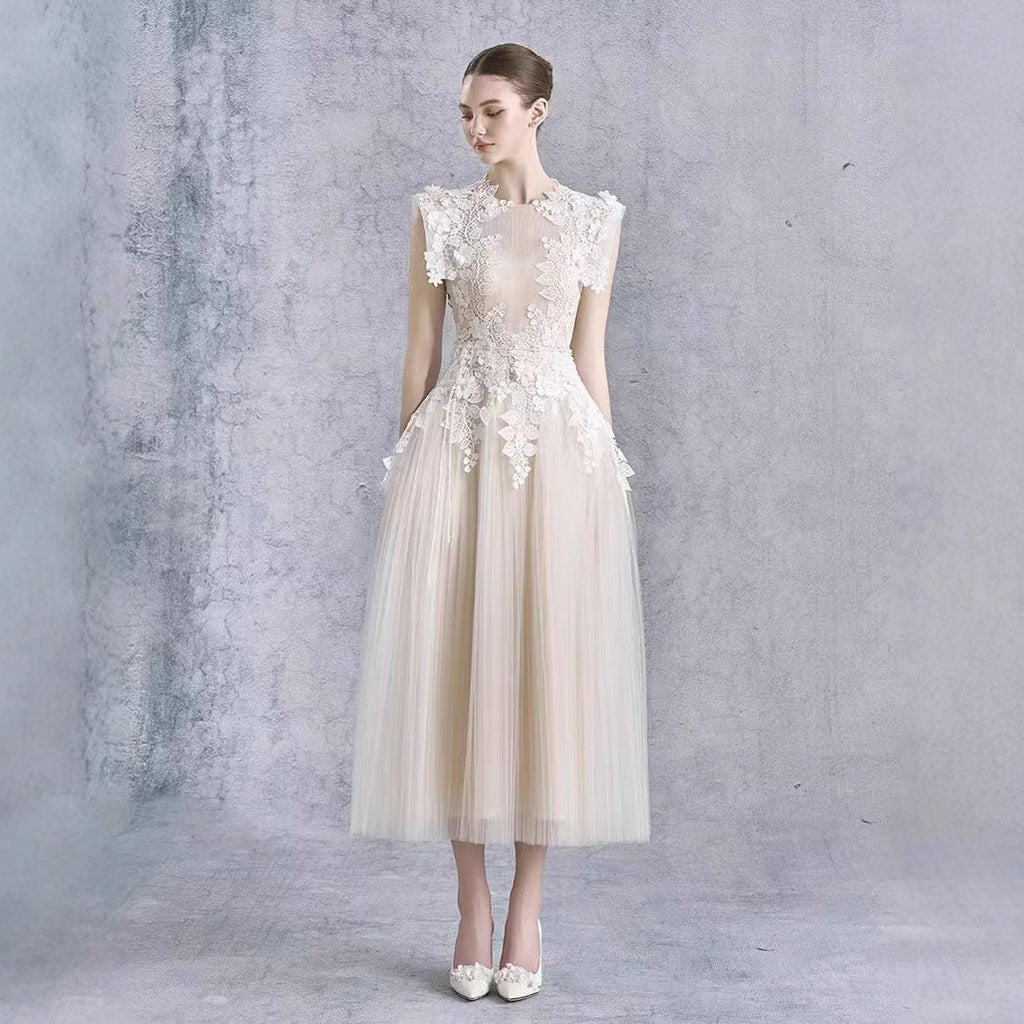 Robe crochet en dentelle taille cintrée style féerique mi-longueur, polyester - IVOIRART.COM