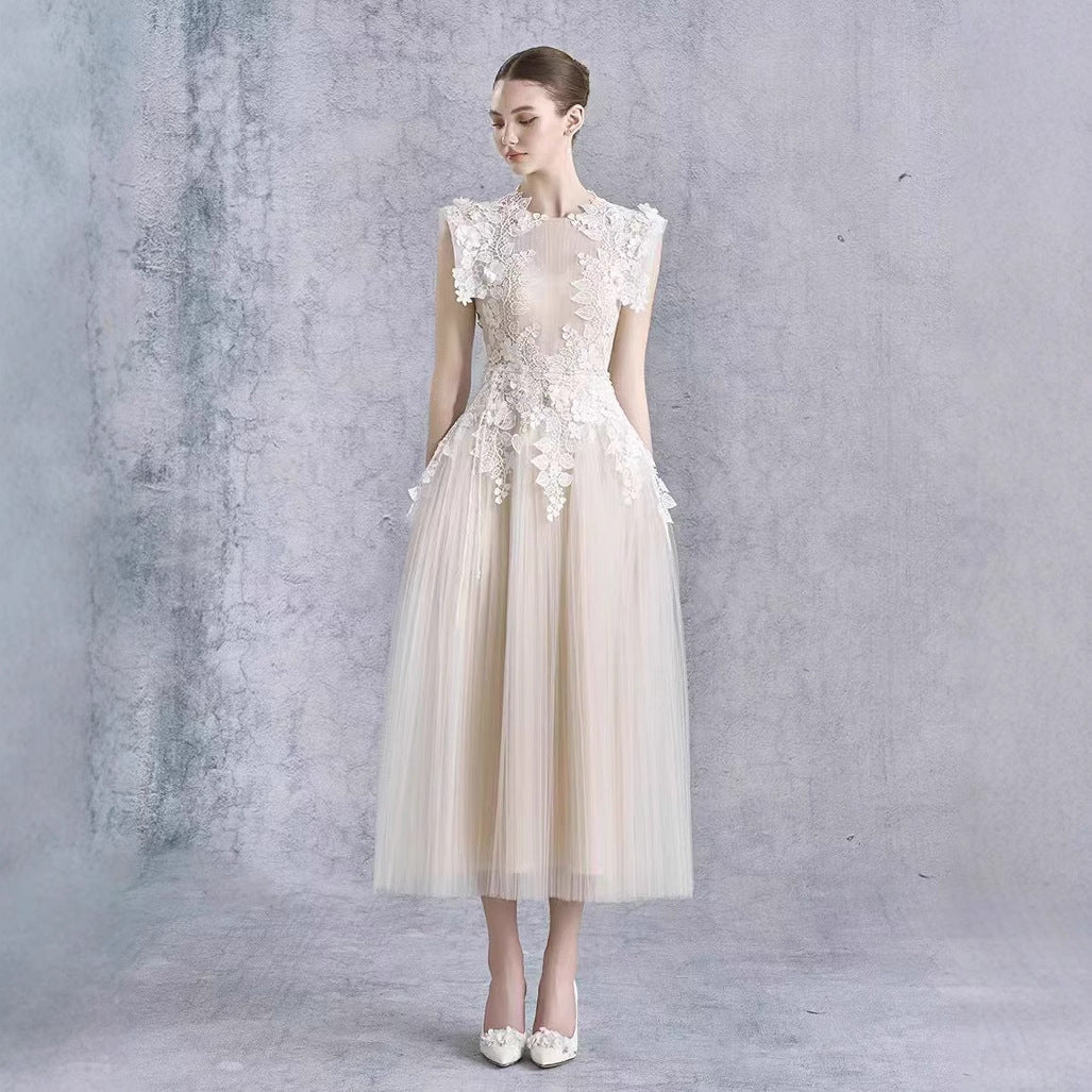 Robe crochet en dentelle taille cintrée style féerique mi-longueur, polyester - IVOIRART.COM