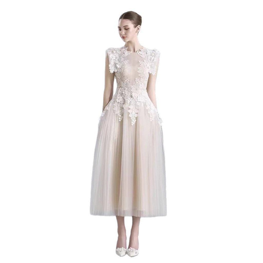 Robe crochet en dentelle taille cintrée style féerique mi-longueur, polyester - IVOIRART.COM