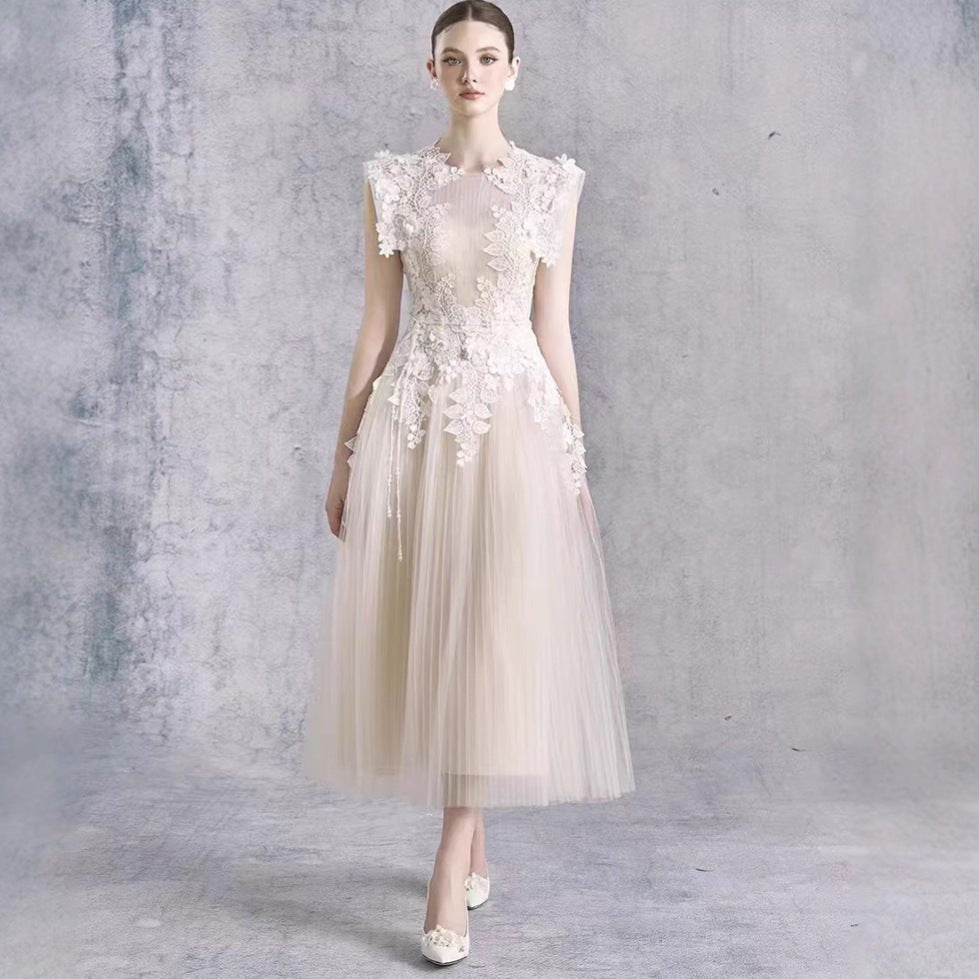 Robe crochet en dentelle taille cintrée style féerique mi-longueur, polyester - IVOIRART.COM