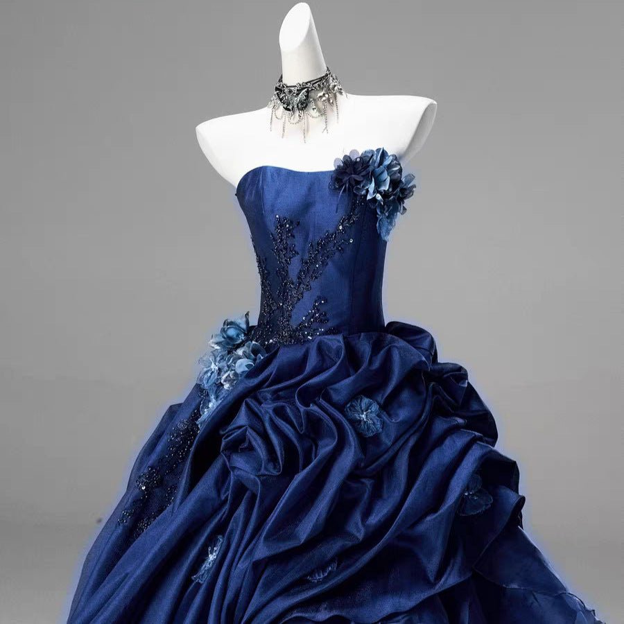 Robe de bal bustier bleue haut de gamme finement ornée pour soirées et banquets - IVOIRART.COM