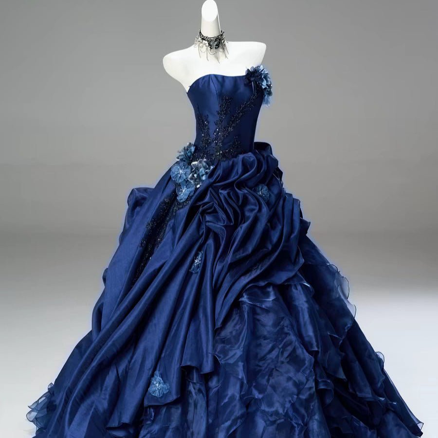 Robe de bal bustier bleue haut de gamme finement ornée pour soirées et banquets - IVOIRART.COM