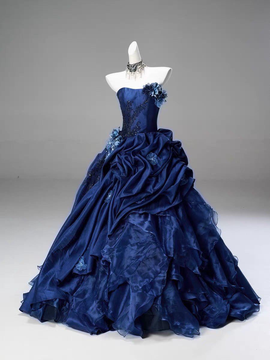 Robe de bal bustier bleue haut de gamme finement ornée pour soirées et banquets - IVOIRART.COM