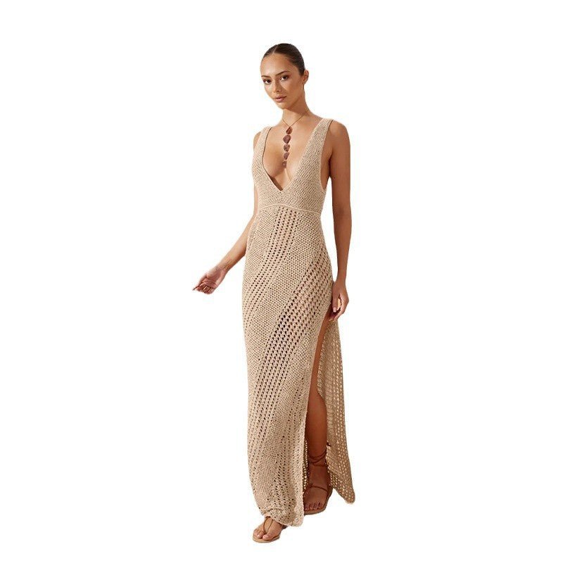 Robe de plage sexy col V fendue style européen-américain uni beige en polyester. - IVOIRART.COM