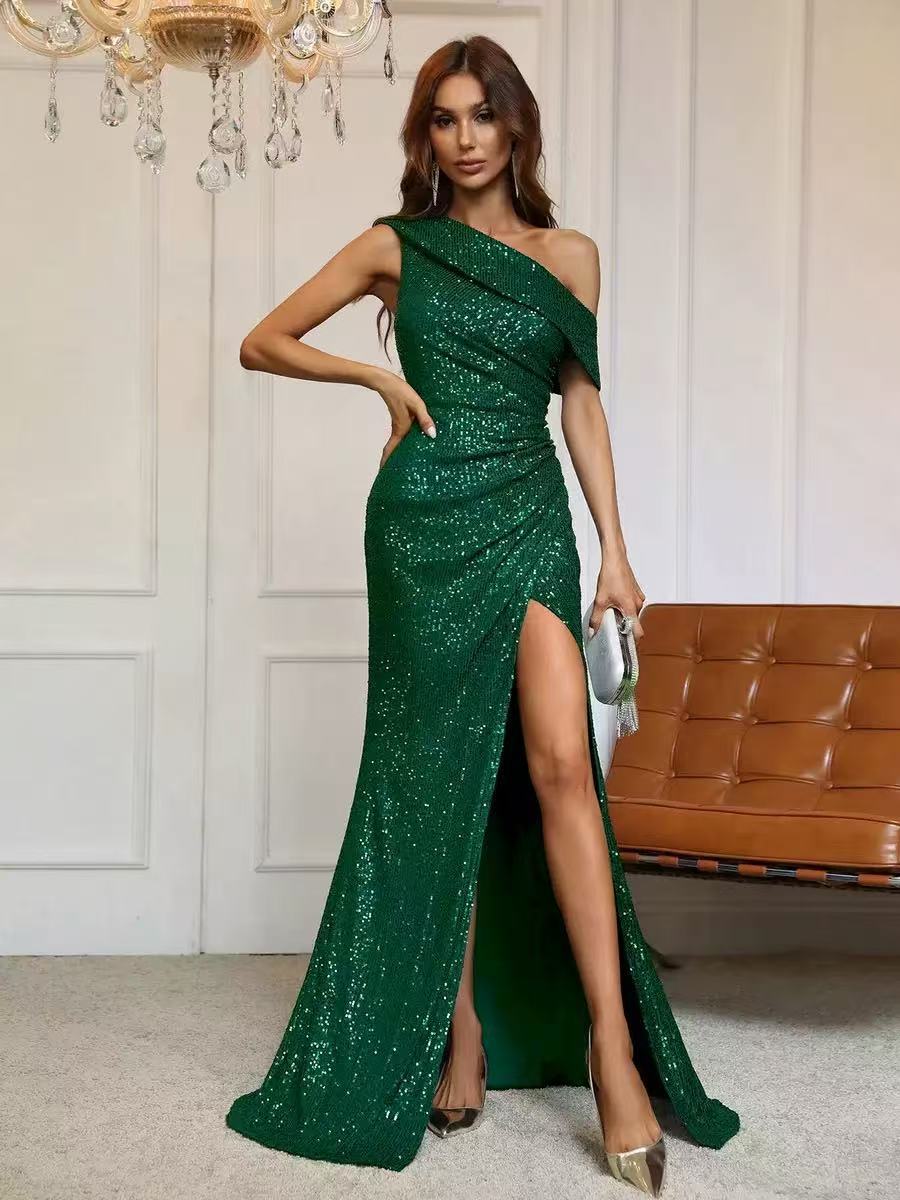 Robe de soirée élégante épaule nue à fente haute, style glamour et raffinement - IVOIRART.COM