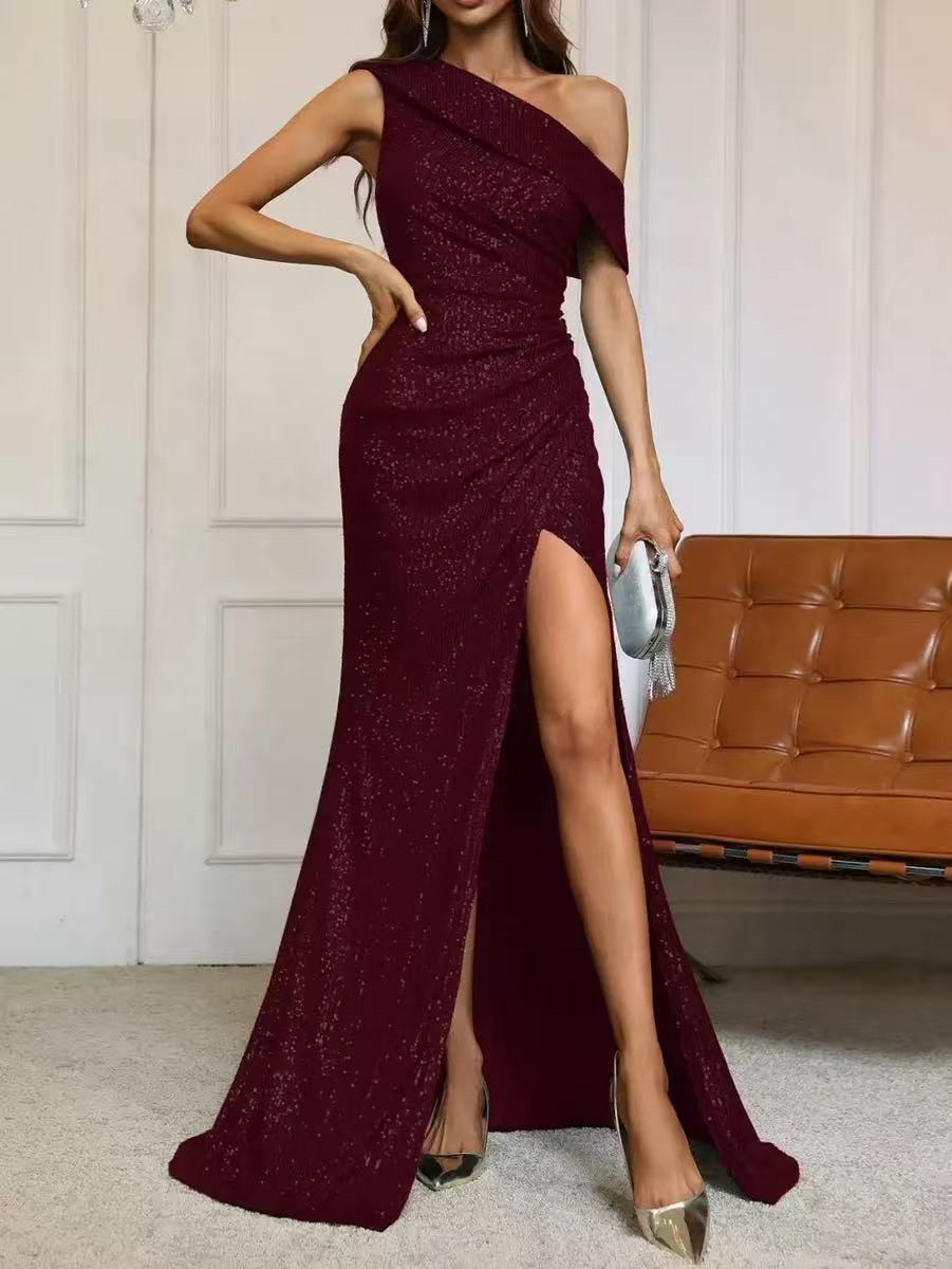 Robe de soirée élégante épaule nue à fente haute, style glamour et raffinement - IVOIRART.COM