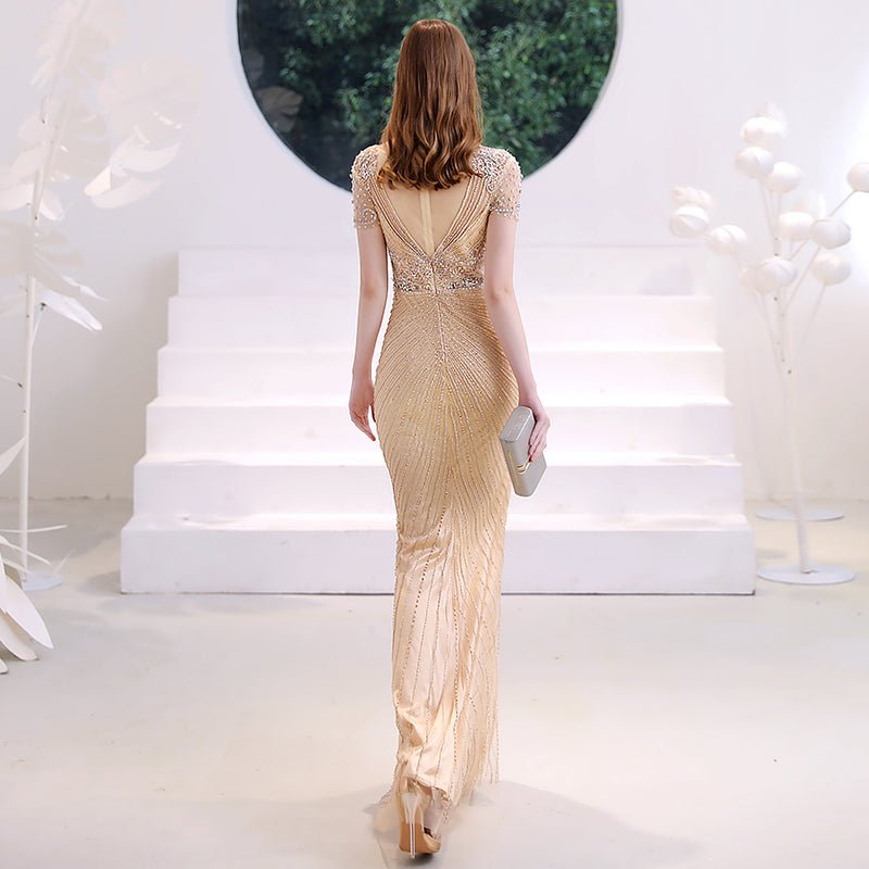 Robe de soirée femme haut de gamme champagne doré en organza, zip élégant taille - IVOIRART.COM