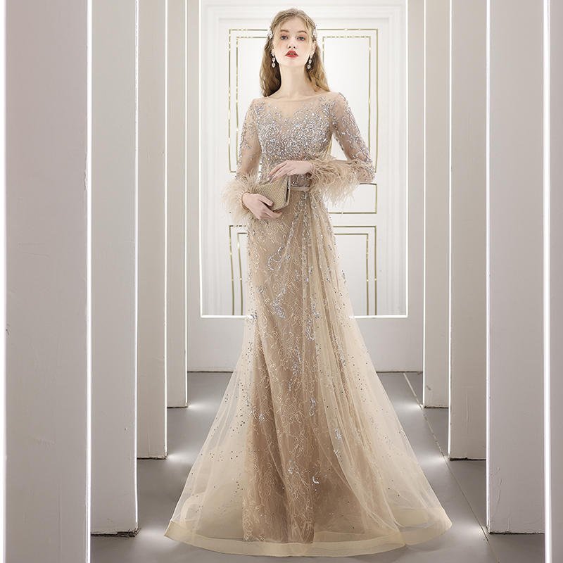 Robe de soirée incrustée de diamants et perles style coréen, longue, élégante - IVOIRART.COM
