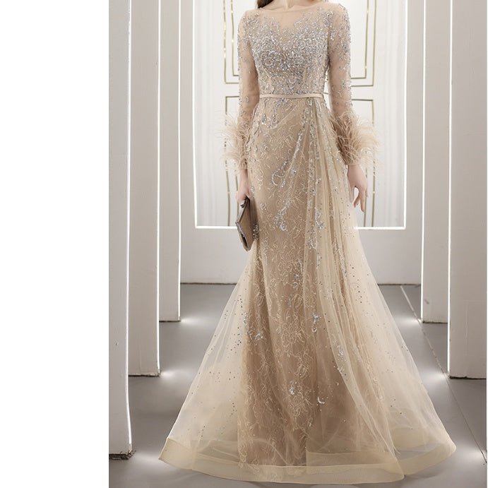 Robe de soirée incrustée de diamants et perles style coréen, longue, élégante - IVOIRART.COM