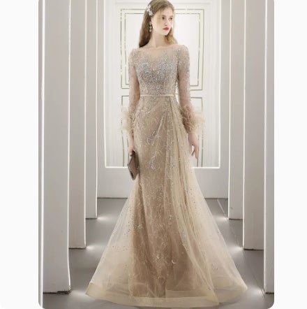 Robe de soirée incrustée de diamants et perles style coréen, longue, élégante - IVOIRART.COM