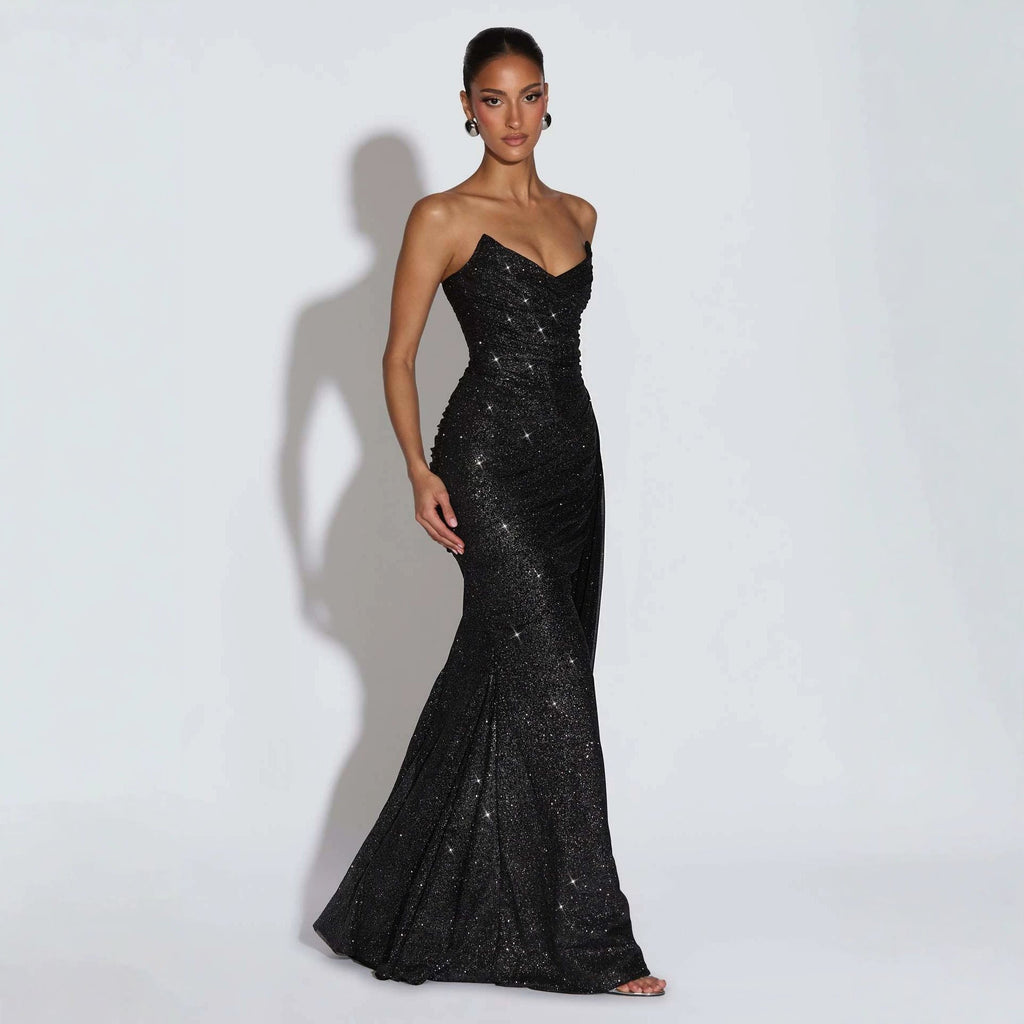 Robe de soirée longue sans bretelles européenne et américaine scintillante avec ceinture croisée - IVOIRART.COM