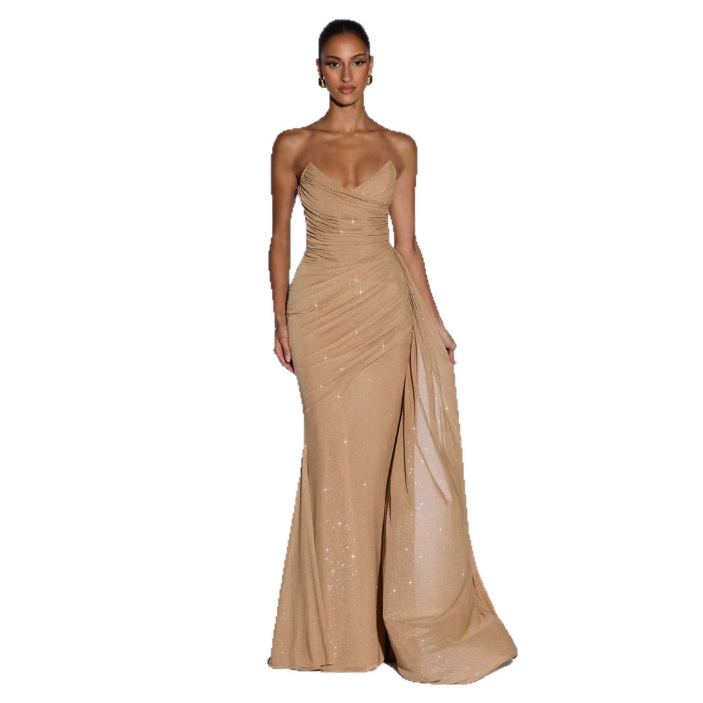 Robe de soirée longue sans bretelles européenne et américaine scintillante avec ceinture croisée - IVOIRART.COM