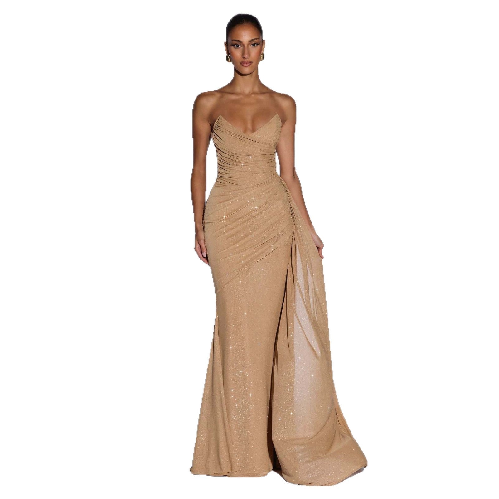 Robe de soirée longue sans bretelles européenne et américaine scintillante avec ceinture croisée - IVOIRART.COM