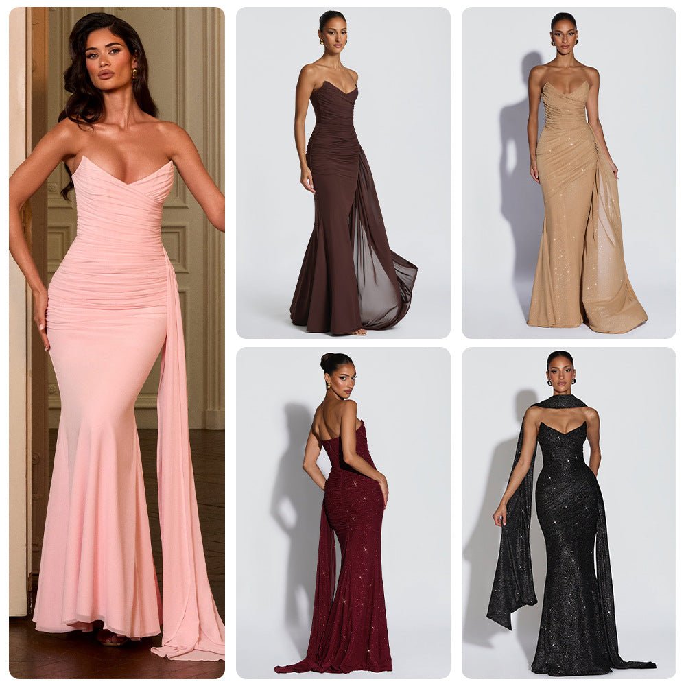 Robe de soirée longue sans bretelles européenne et américaine scintillante avec ceinture croisée - IVOIRART.COM
