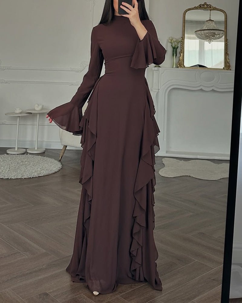Robe de Soirée Longue Unie Col Montant Manches Évasées à Volants - IVOIRART.COM