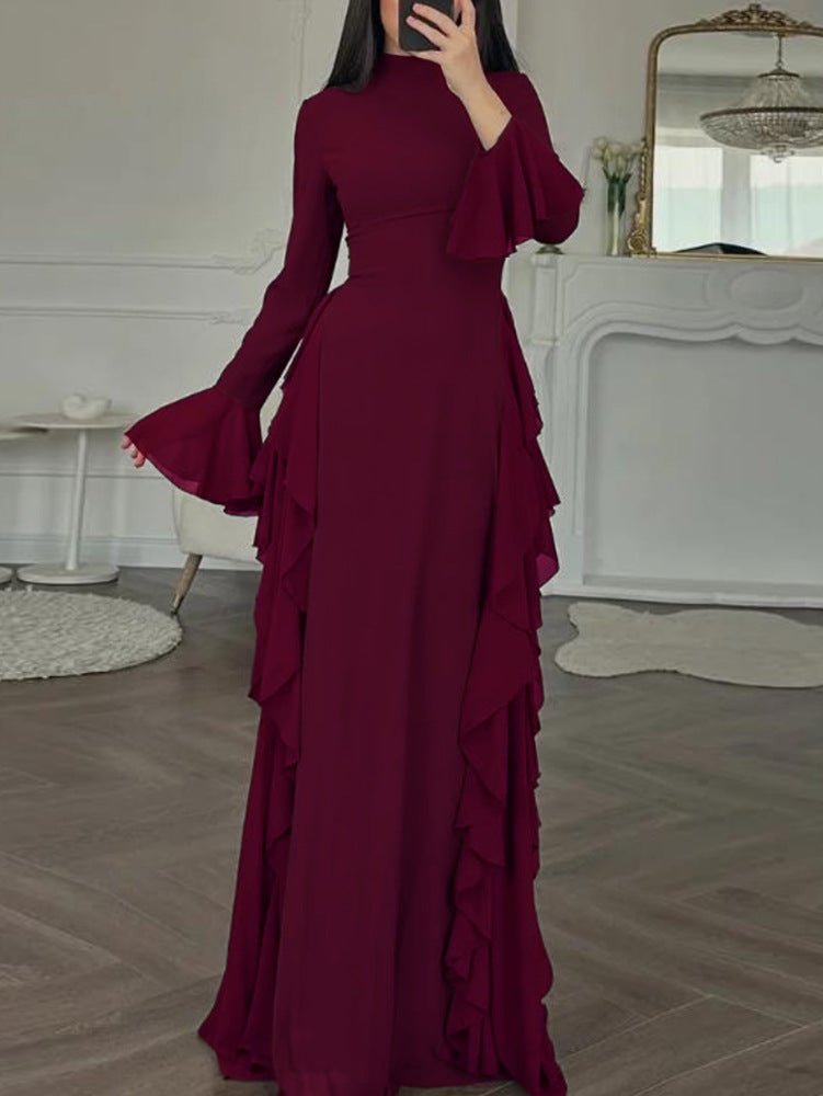 Robe de Soirée Longue Unie Col Montant Manches Évasées à Volants - IVOIRART.COM