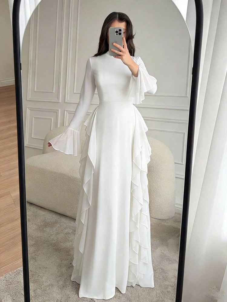 Robe de Soirée Longue Unie Col Montant Manches Évasées à Volants - IVOIRART.COM