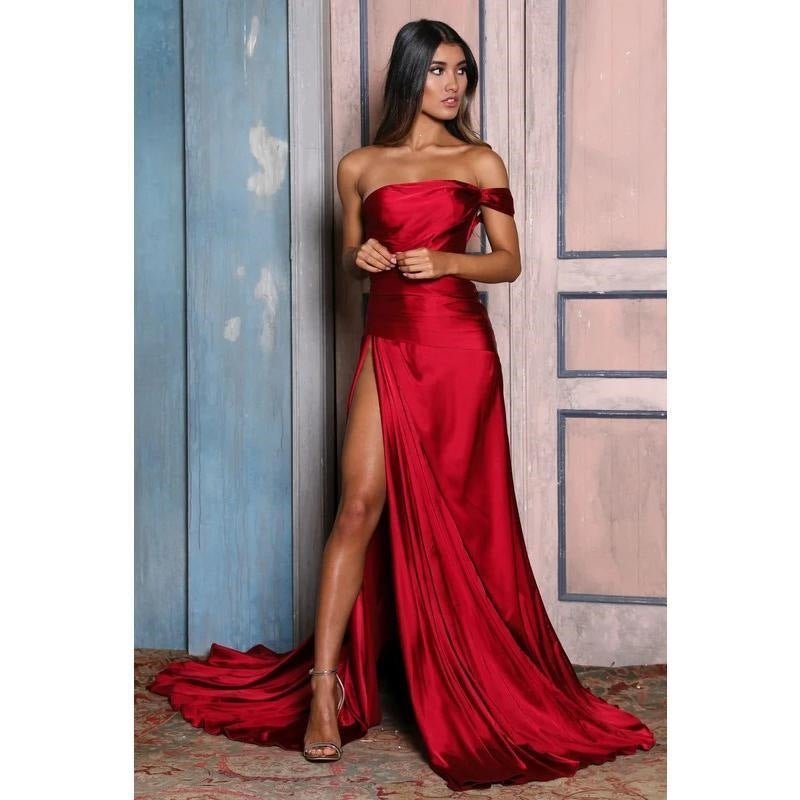 Robe de soirée pour femme, fendue haute, élégante, rouge, manches évasées, ceinture - IVOIRART.COM