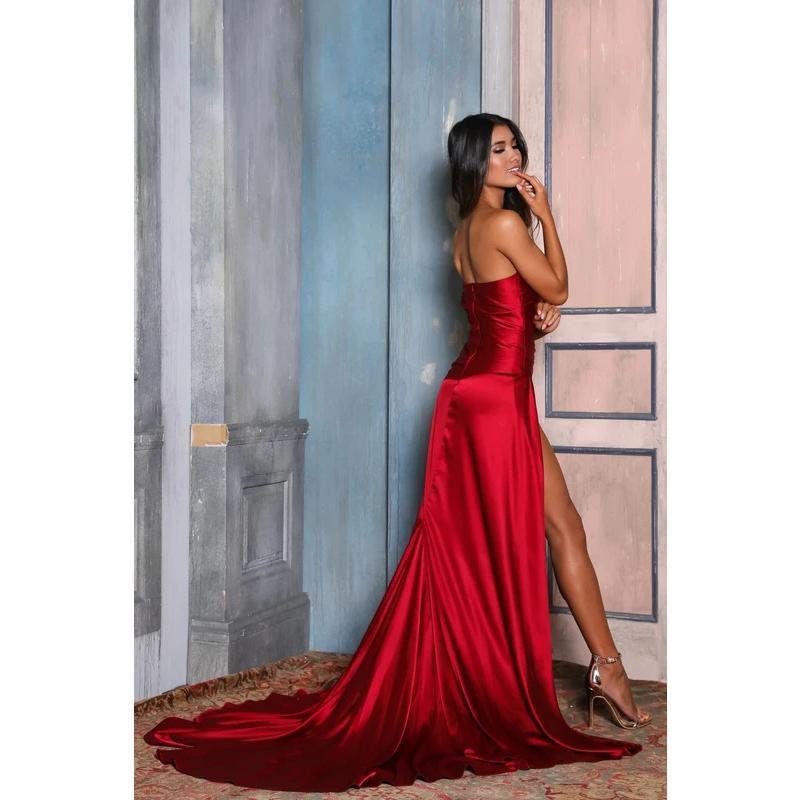Robe de soirée pour femme, fendue haute, élégante, rouge, manches évasées, ceinture - IVOIRART.COM