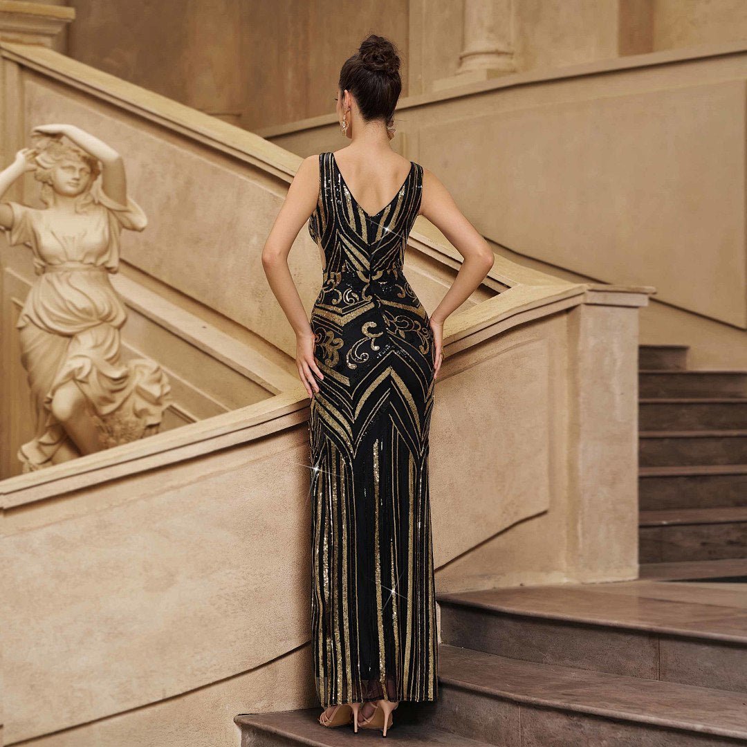 Robe de soirée sirène pailletée noire et or Lack & Gold avec cape asymétrique - IVOIRART.COM