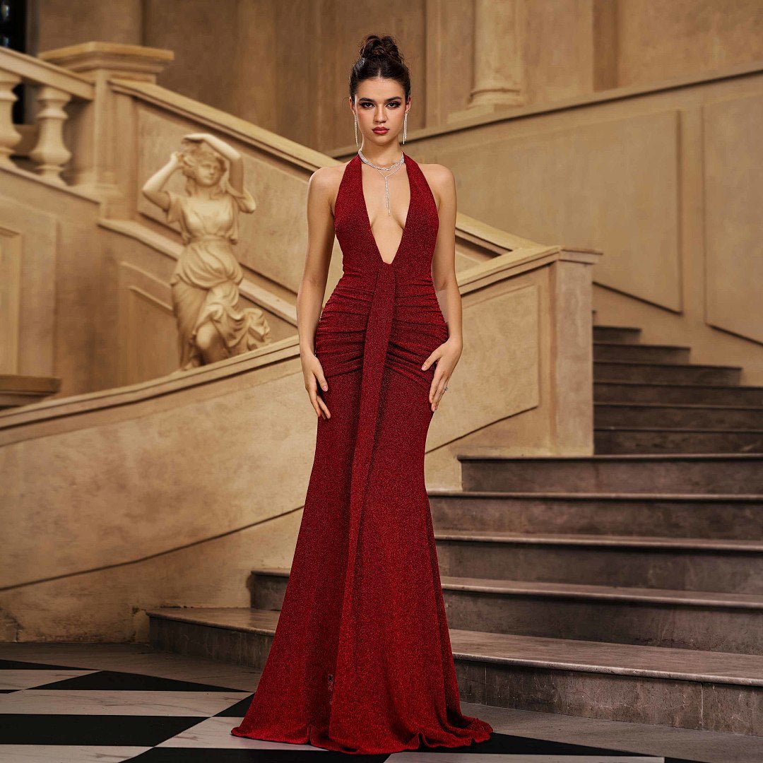 Robe de soirée sirène scintillante à col licou avec tissu pailleté extensible - IVOIRART.COM
