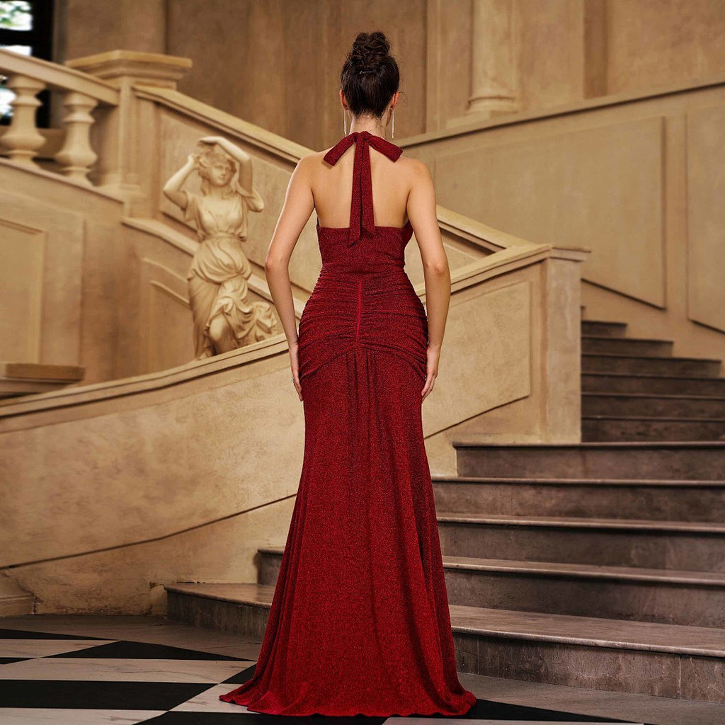 Robe de soirée sirène scintillante à col licou avec tissu pailleté extensible - IVOIRART.COM