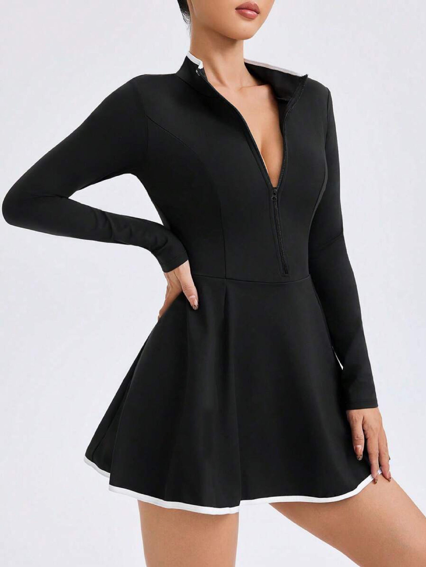 Robe de tennis sportive femme zippée - Noir 6045, Polyester 85% Elastane 15%EU - IVOIRART.COM