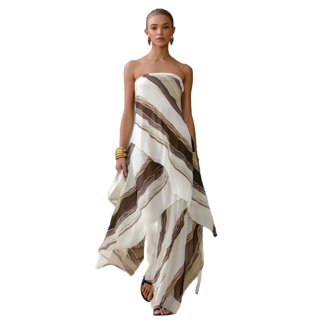 Robe Décontractée Féminine Sans Manches Rayée Épaule Dénudée Style Chic - IVOIRART.COM