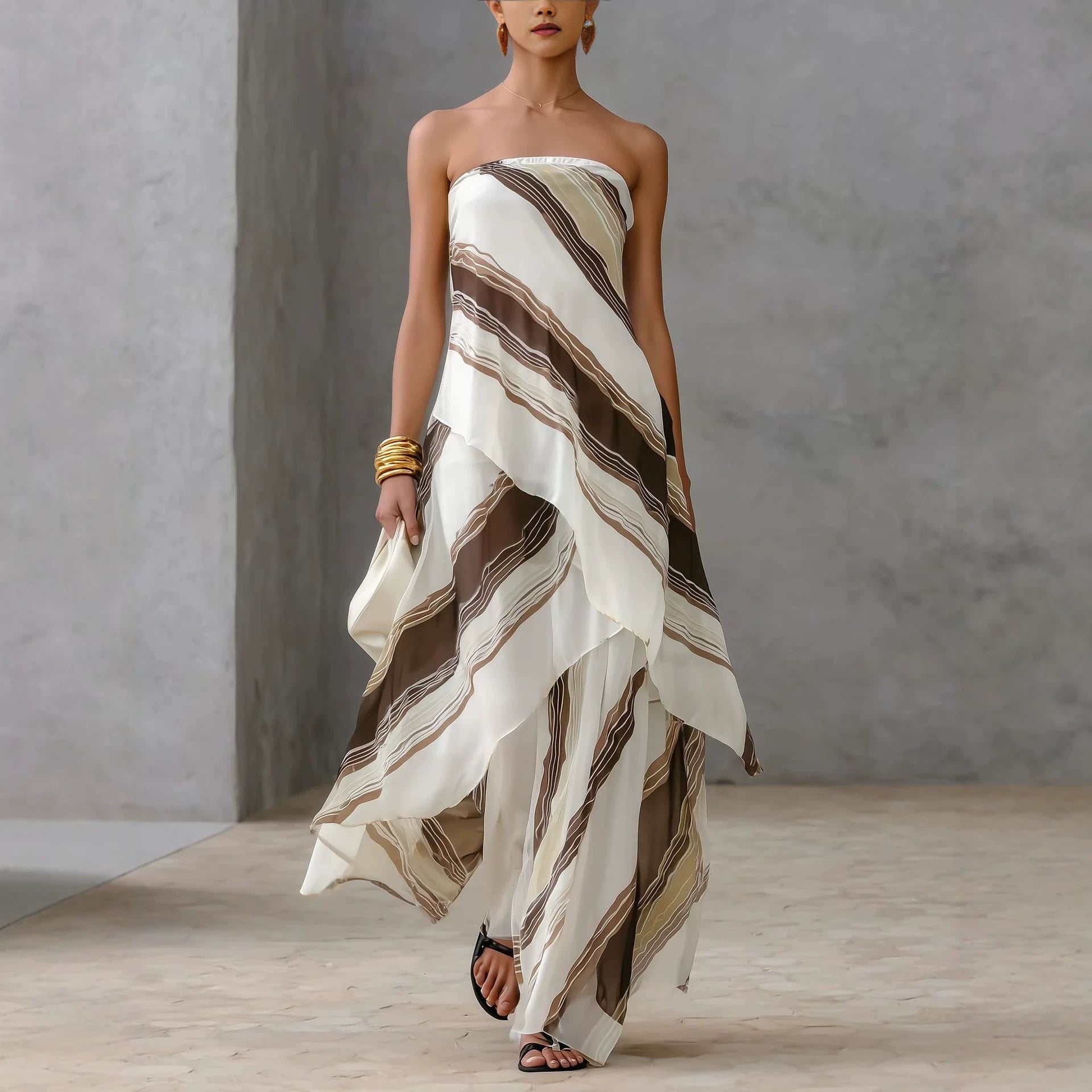 Robe Décontractée Féminine Sans Manches Rayée Épaule Dénudée Style Chic - IVOIRART.COM