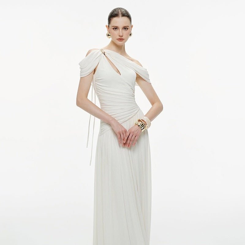 Robe décontractée féminine style français à épaules dénudées - élégante et chic - IVOIRART.COM