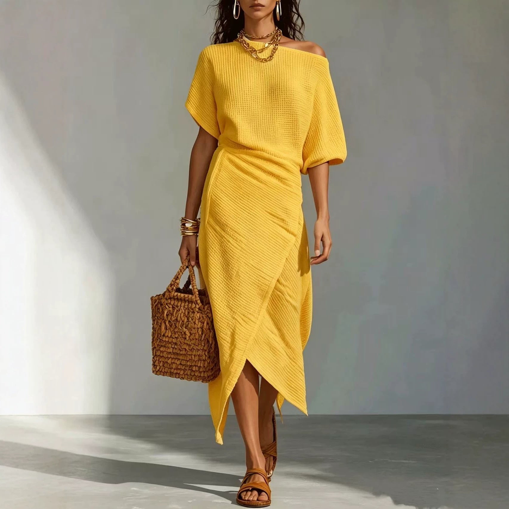 Robe décontractée femme couleur unie fente jupe irrégulière longue tailles S-XXL - IVOIRART.COM