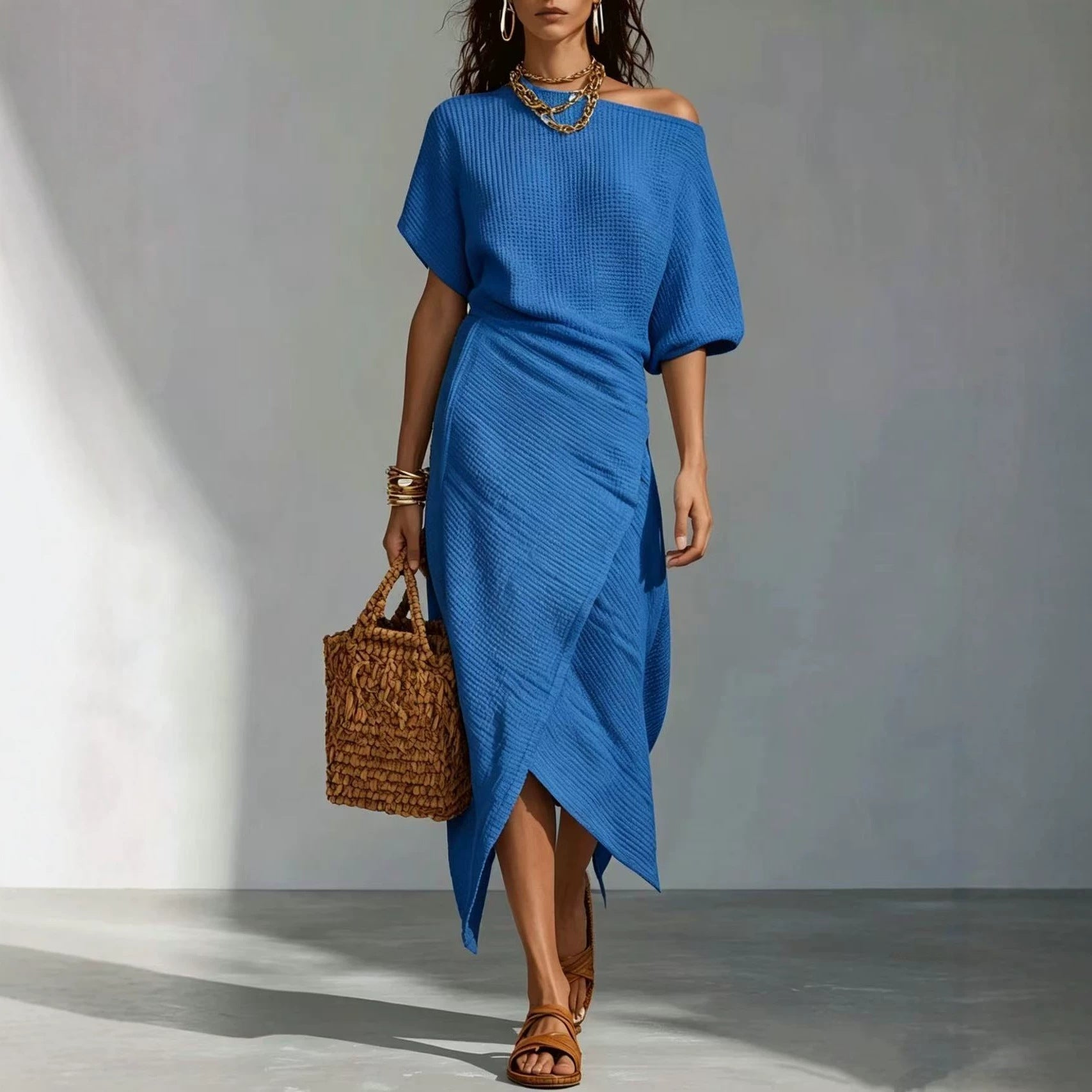 Robe décontractée femme couleur unie fente jupe irrégulière longue tailles S-XXL - IVOIRART.COM
