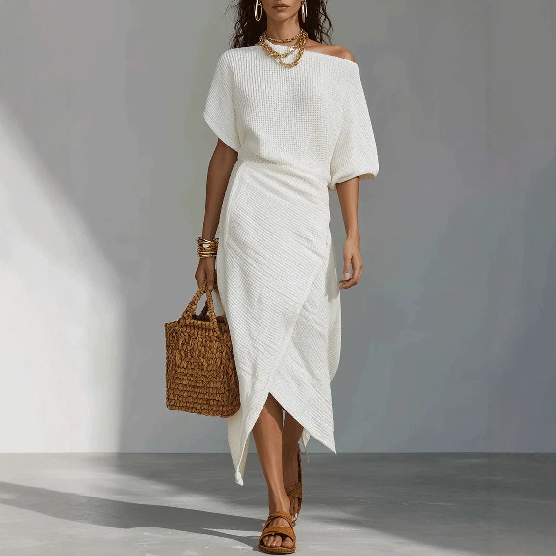 Robe décontractée femme couleur unie fente jupe irrégulière longue tailles S-XXL - IVOIRART.COM