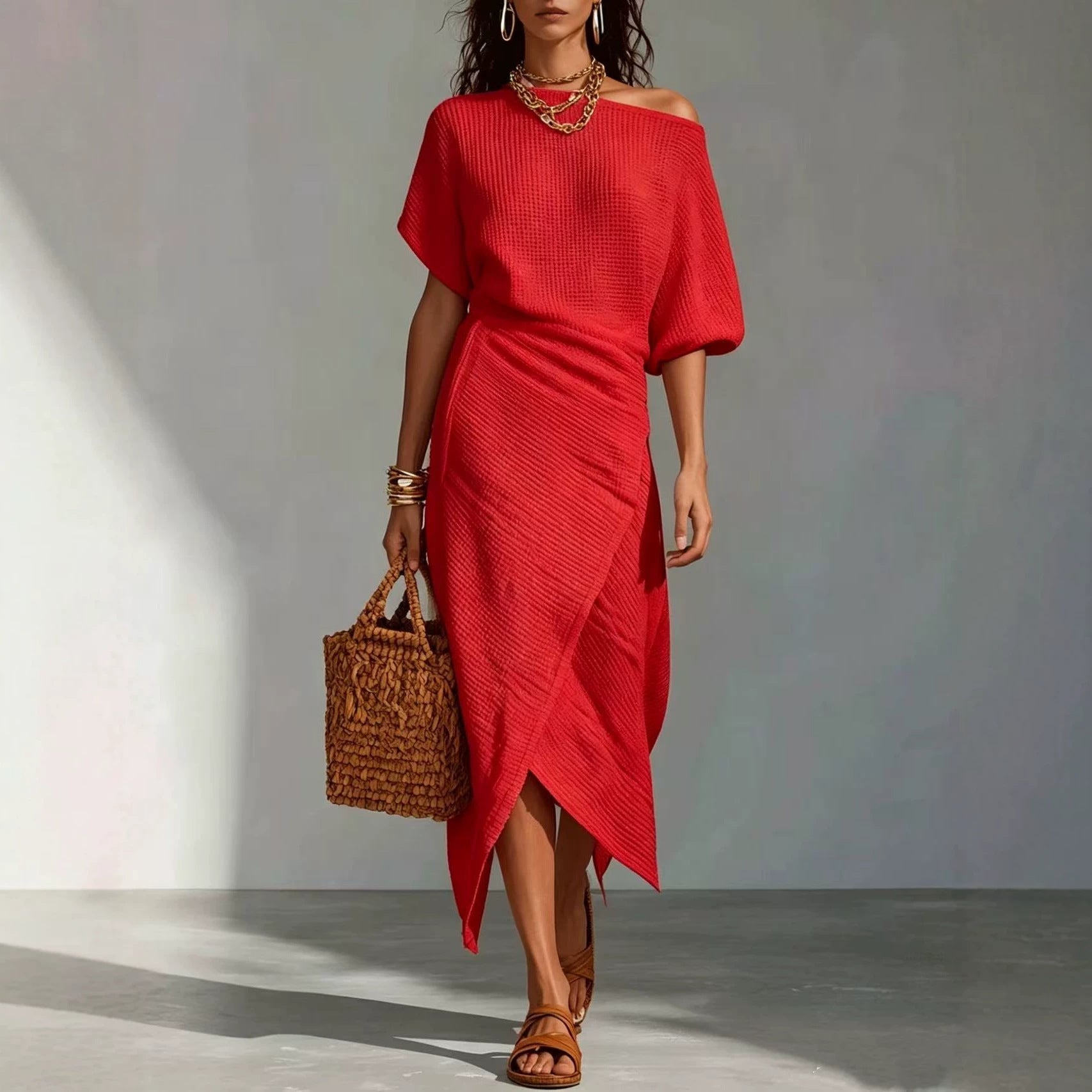 Robe décontractée femme couleur unie fente jupe irrégulière longue tailles S-XXL - IVOIRART.COM